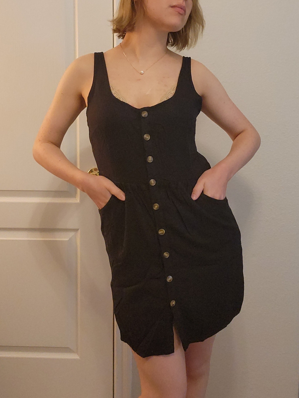 SHEIN Black Button Down Dress with Pockets Size Large L Faux Linen Texture